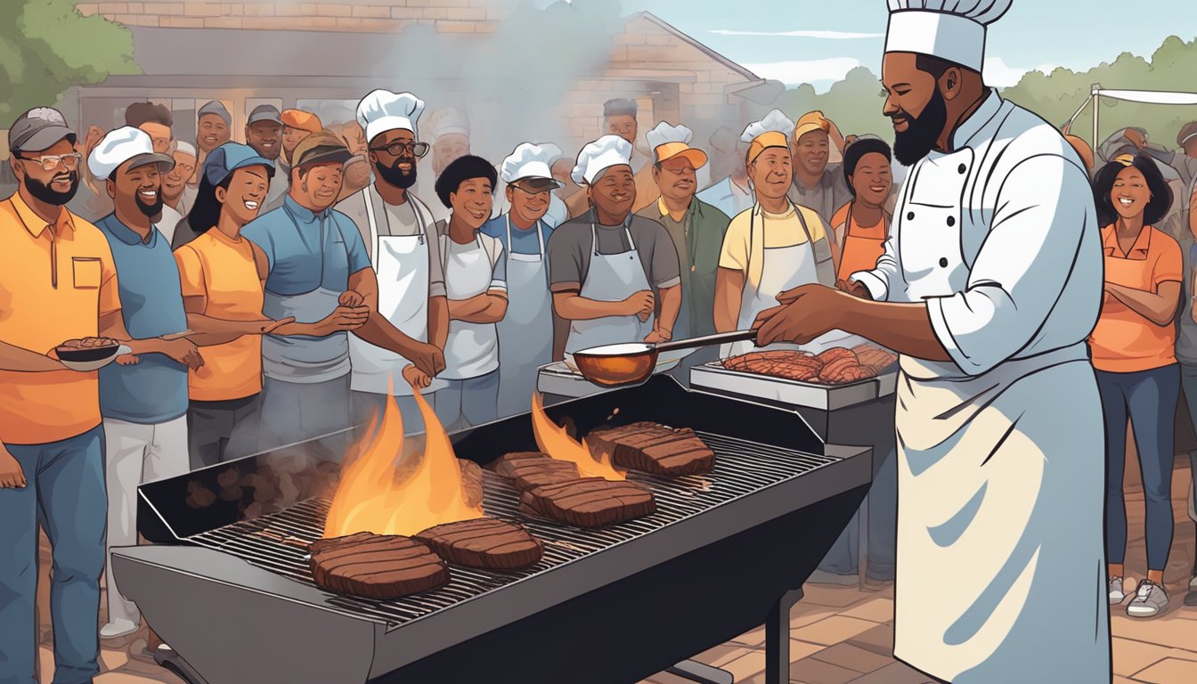 A chef grilling brisket over a smoky barbecue pit with flames licking the meat, while a crowd watches eagerly