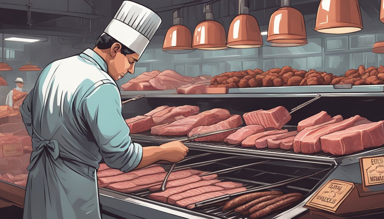 A butcher expertly selects and labels various cuts of meat in a bustling Texas BBQ market