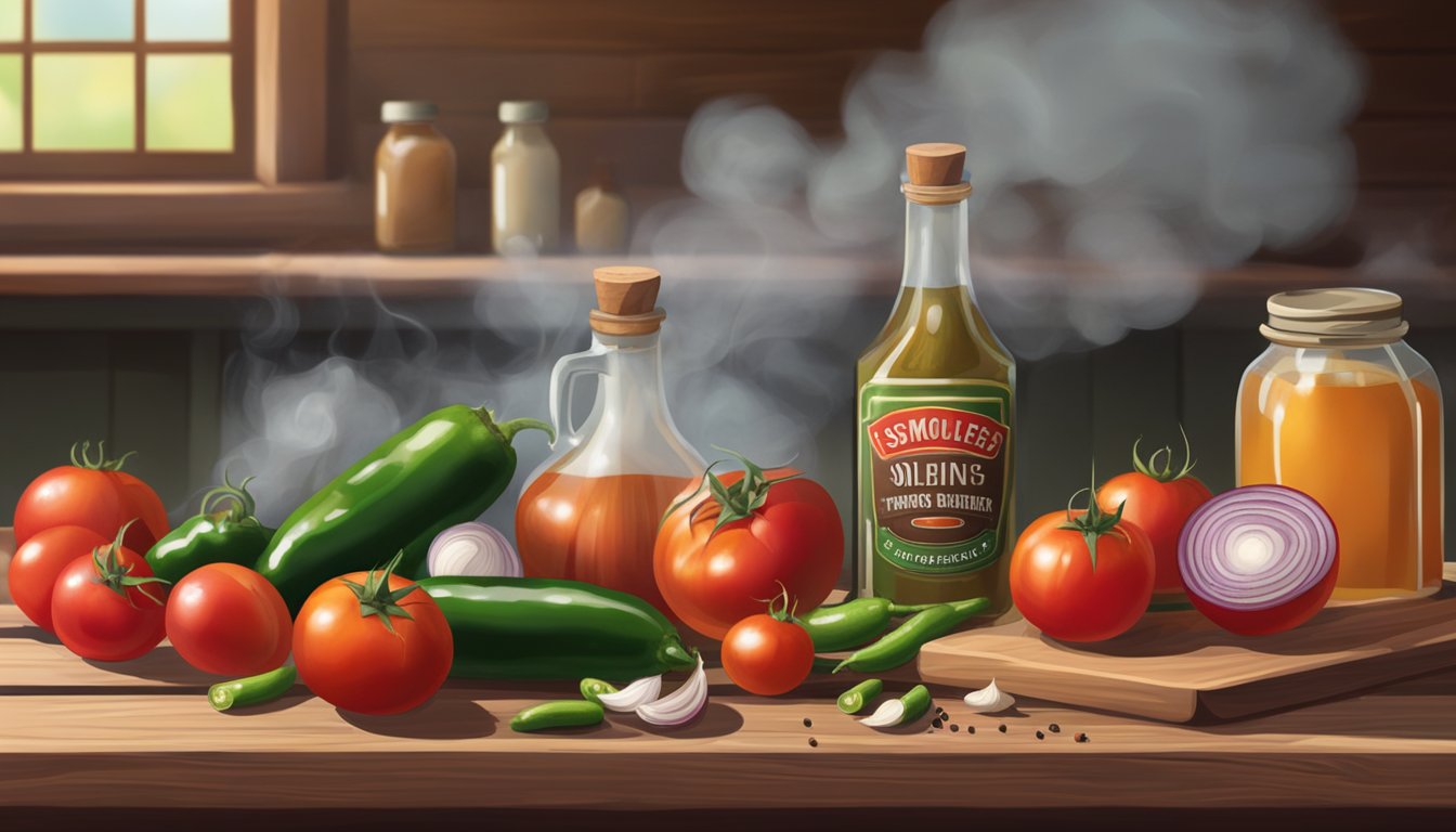 A rustic wooden table with fresh tomatoes, onions, jalapenos, and garlic, alongside bottles of vinegar, sugar, and spices. Smoke billows from a nearby barbecue grill