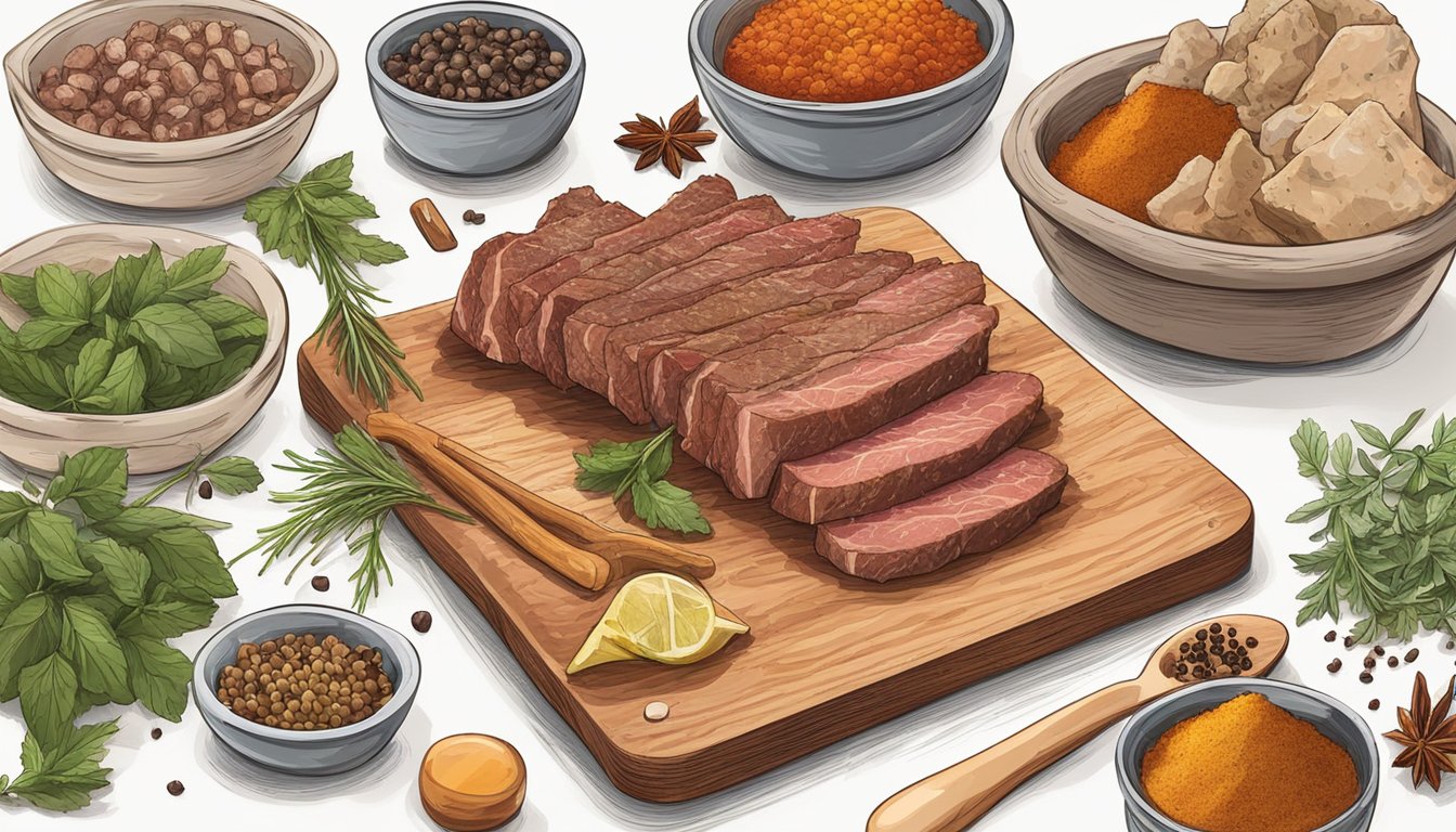 A rustic wooden cutting board with a variety of spices and herbs scattered around a marinating bowl filled with chunks of raw meat