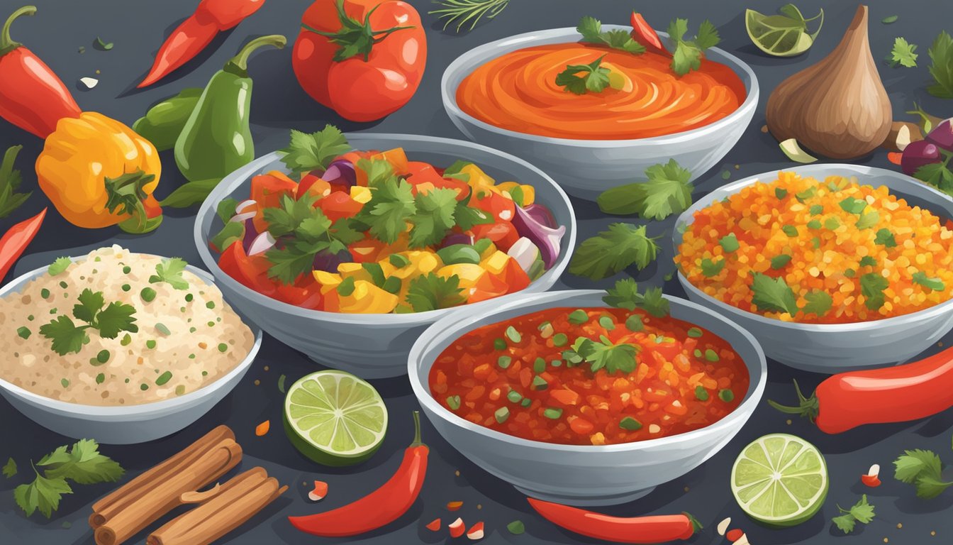 A hand sprinkles smoked paprika into a bowl of vibrant salsa, surrounded by bowls of various spices and fresh ingredients