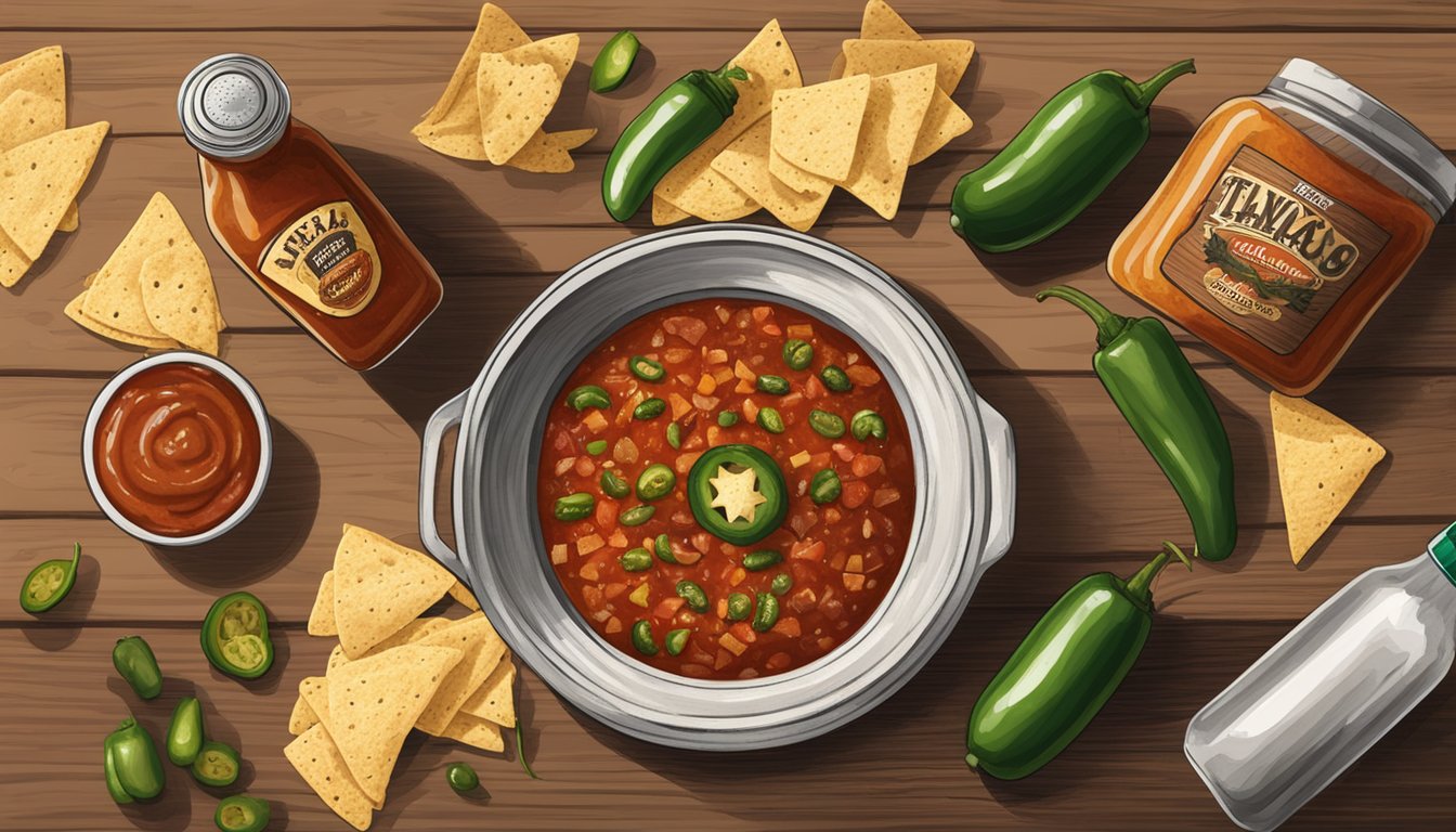 A rustic wooden table with a bowl of smoked salsa, surrounded by tortilla chips, jalapenos, and a bottle of Texas BBQ sauce