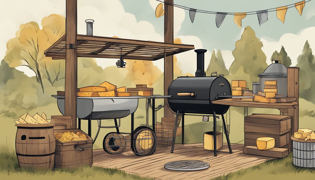 A rustic outdoor setting with a smoker, various types of wood chips, and blocks of cheese on a grilling rack. Smoke billows around the cheese as it slowly infuses with flavor