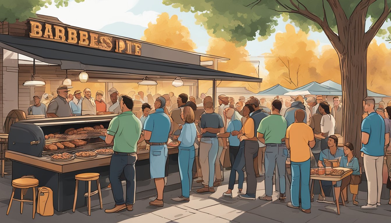 A bustling outdoor barbecue joint in Dallas, with smoke billowing from the pit and customers lined up for mouthwatering pecan-smoked meats