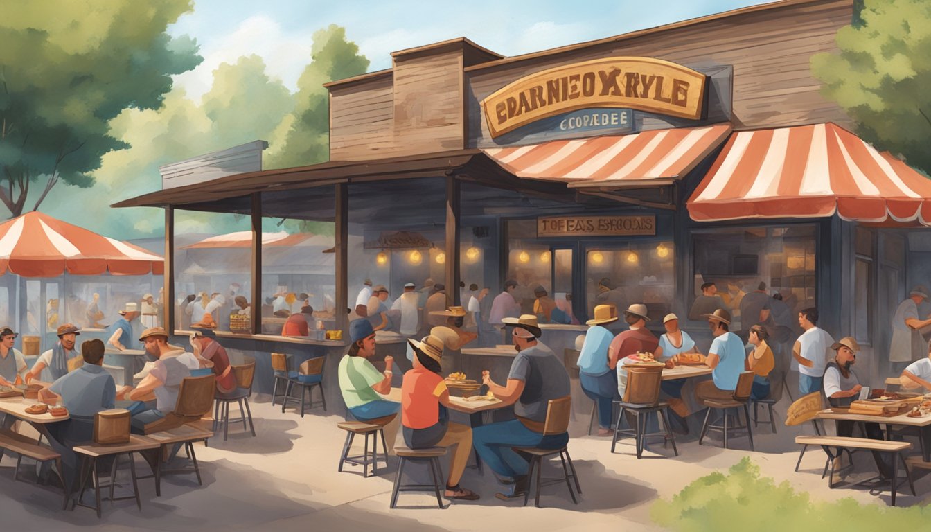 A bustling outdoor barbecue joint with smoke billowing from the pit, picnic tables filled with patrons enjoying slow-cooked meats, and a rustic Texas-style storefront