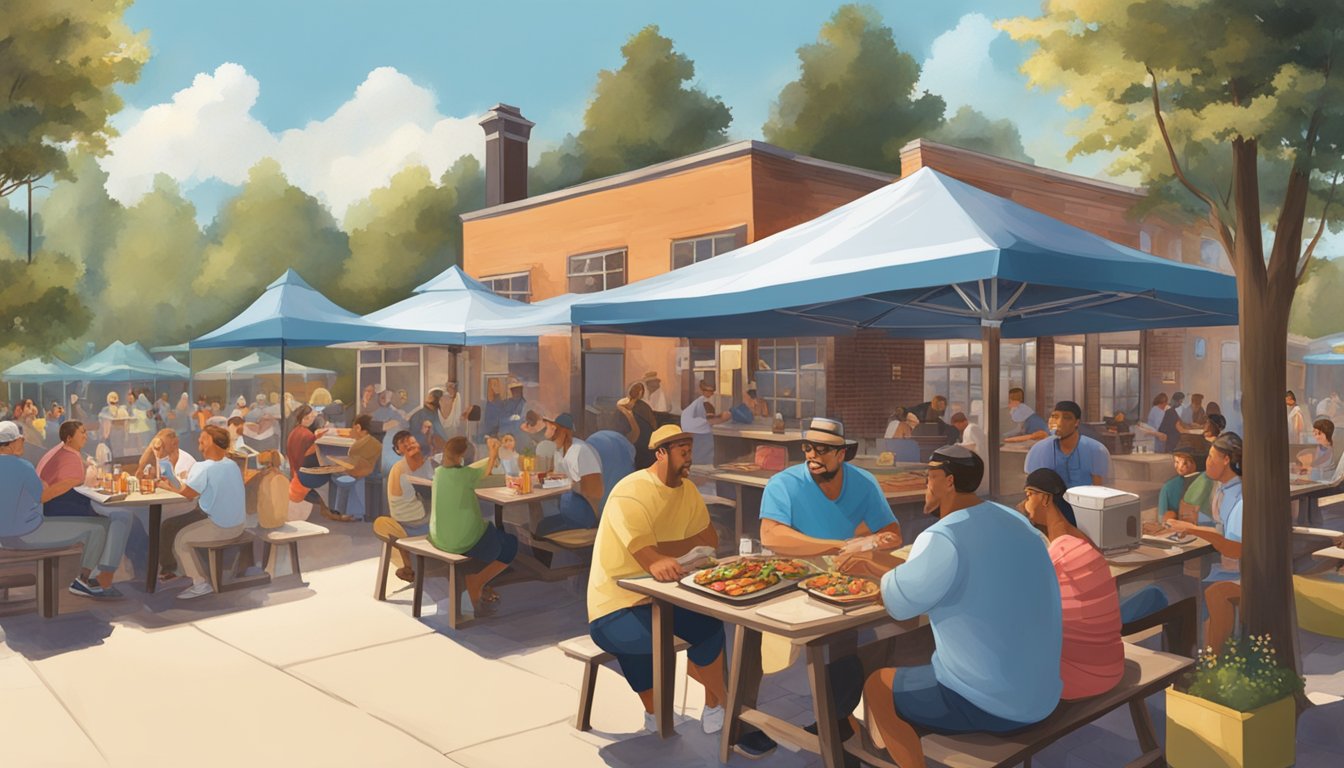 A bustling outdoor BBQ joint with live blues music, smoke rising from the grill, and customers enjoying delicious food at picnic tables