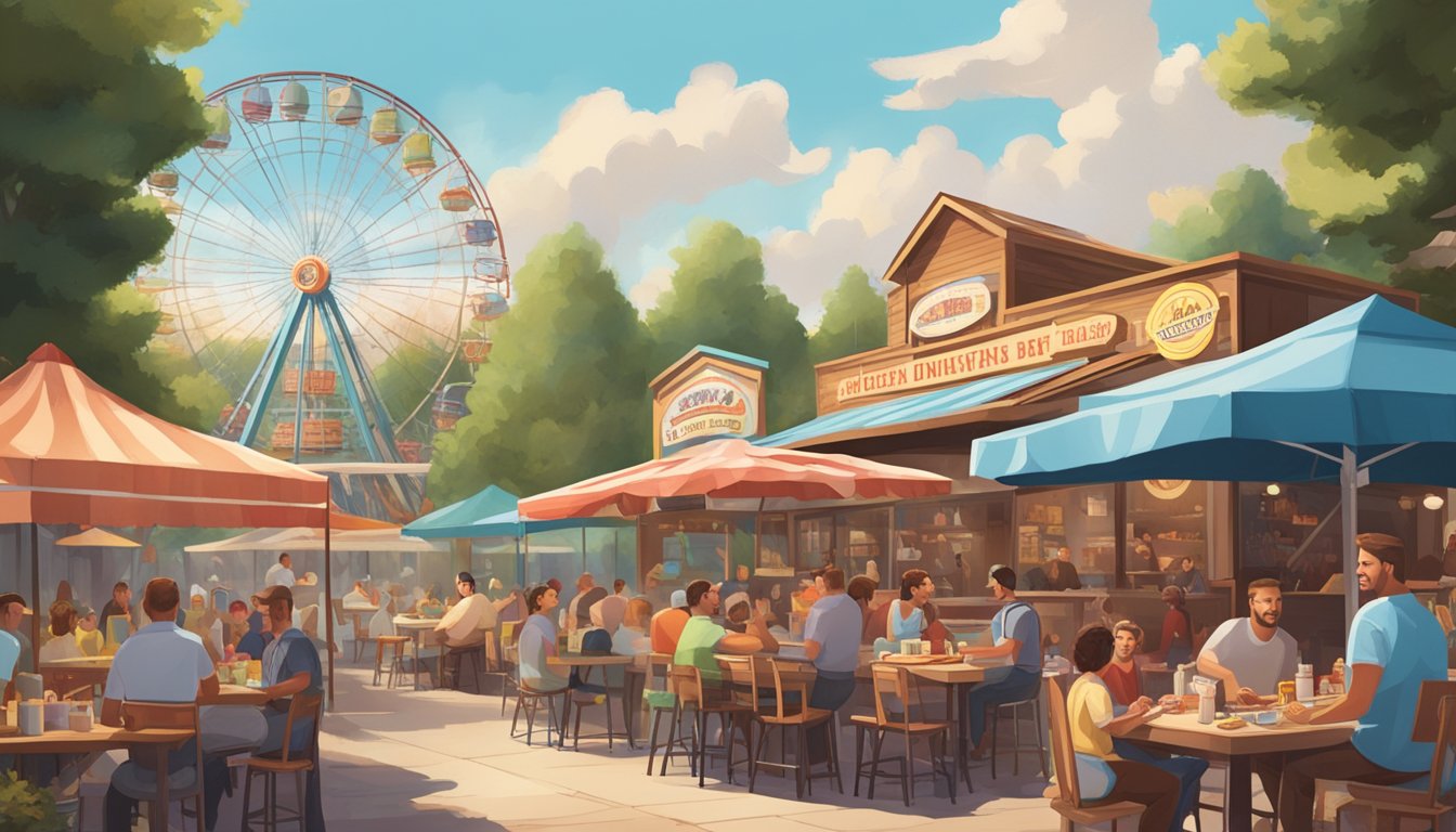 A bustling backyard BBQ joint with a towering Ferris wheel, smoke rising from the grill, and picnic tables filled with happy diners