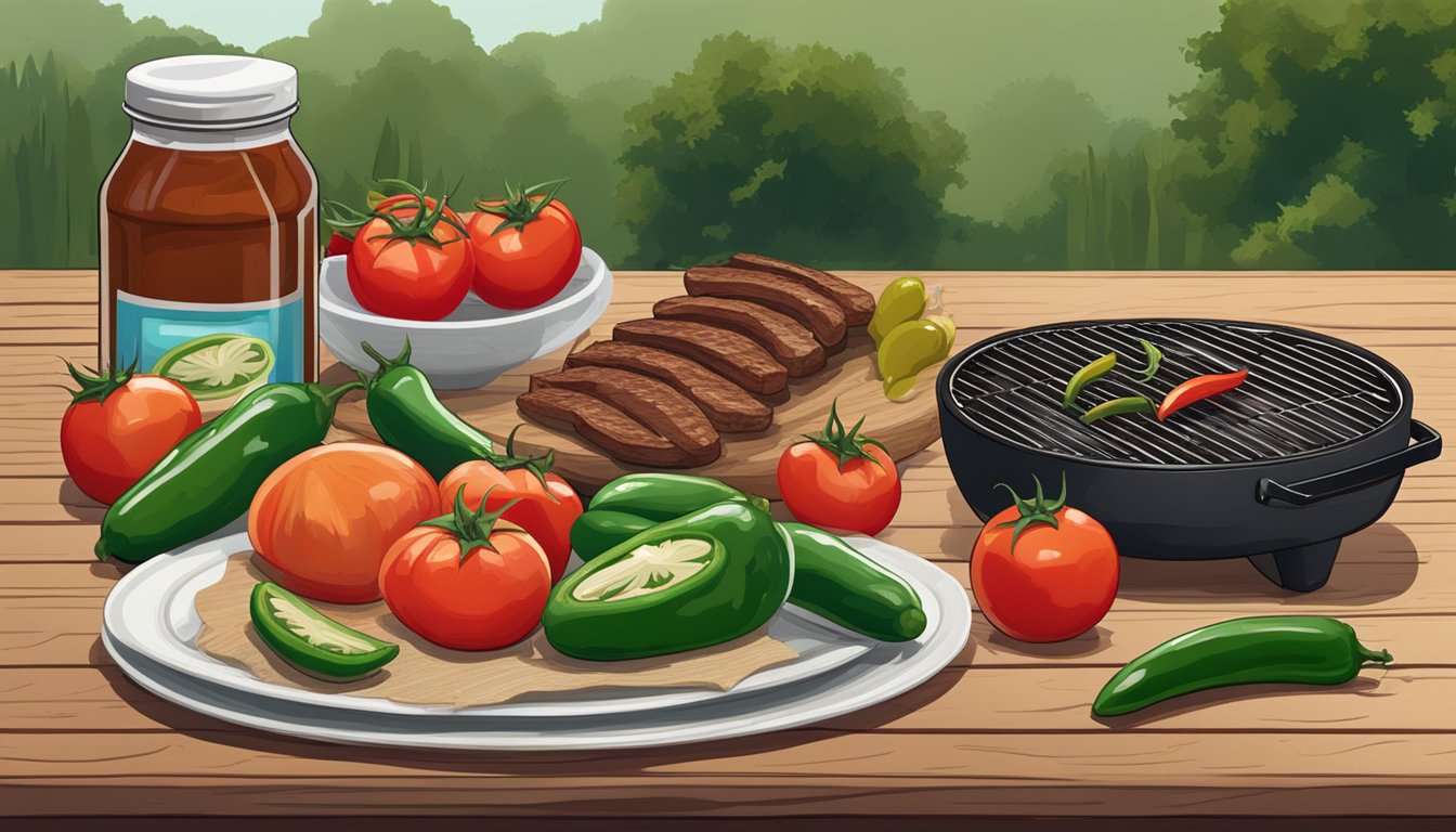 A rustic wooden table with a spread of fresh tomatoes, onions, jalapenos, and garlic, alongside a bottle of BBQ sauce and a smoking grill in the background