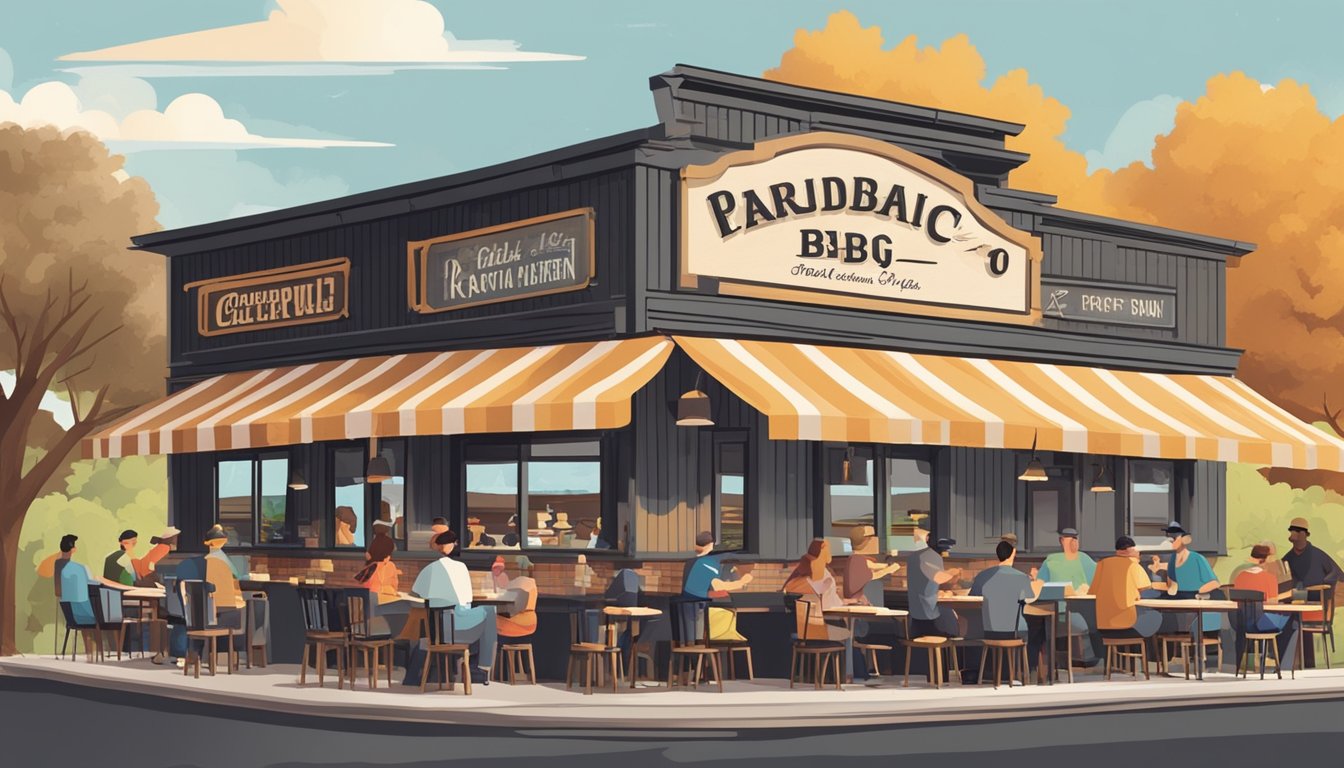 A bustling outdoor BBQ joint with smoke billowing from the grill, customers enjoying their meals at picnic tables, and a sign proudly displaying the restaurant's name