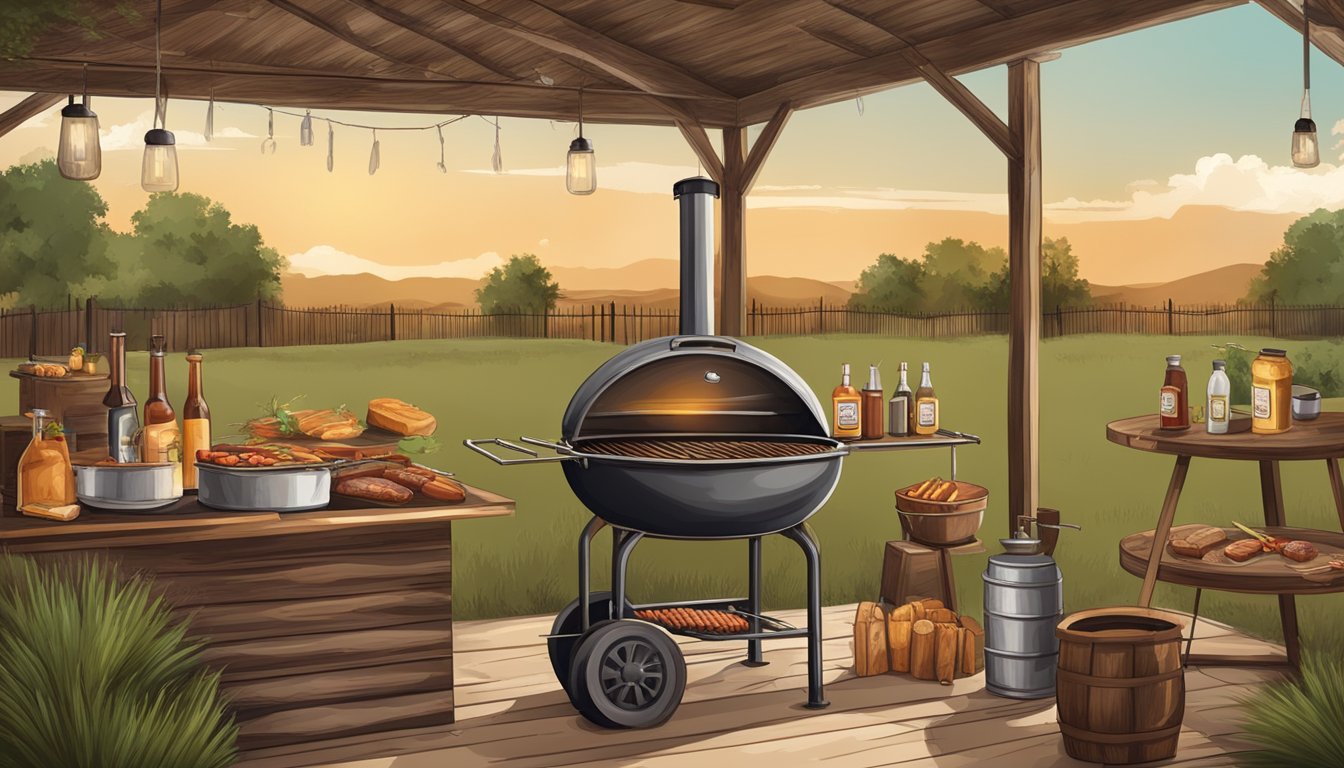 A rustic outdoor setting with a traditional Texas BBQ pit, surrounded by various BBQ equipment and ingredients, evoking the history and traditions of Texas BBQ