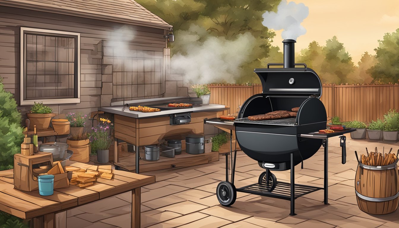 A backyard patio with a traditional Texas BBQ smoker, grill, wood chips, and various BBQ tools and equipment set up for an authentic Texas BBQ experience