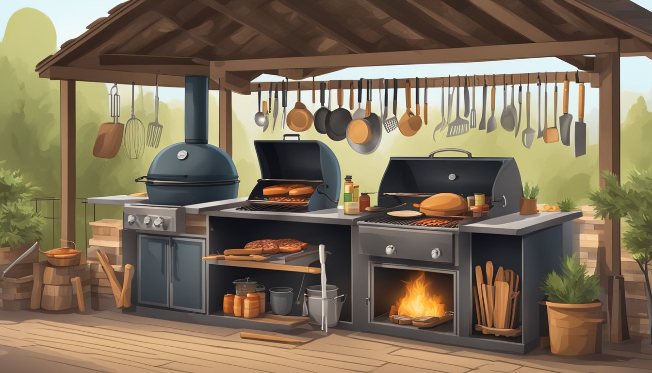 A rustic outdoor kitchen with a large smoker, grill, wood pile, and various BBQ tools and utensils set up for Texas-style cooking at home