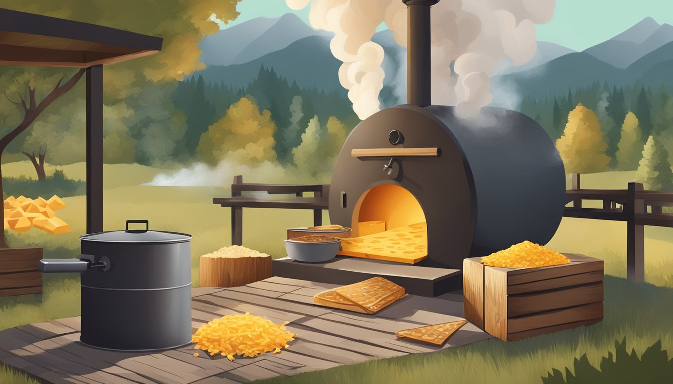 A rustic outdoor setting with a smoker and wood chips, cheese placed on the grates, smoke billowing around the cheese