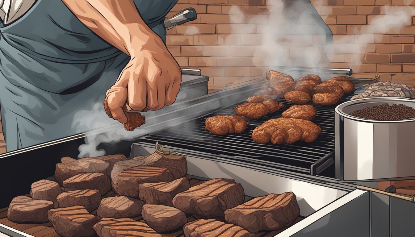 A hand reaching for a jar of seasoning next to a grill loaded with meat. Smoke billows from the grill as the Texas BBQ style meal is prepared