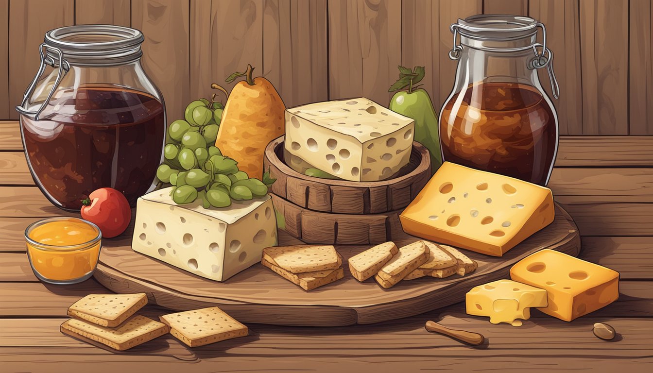 A rustic wooden table with a variety of smoked cheeses, accompanied by crackers, fruits, and a jar of homemade barbecue sauce