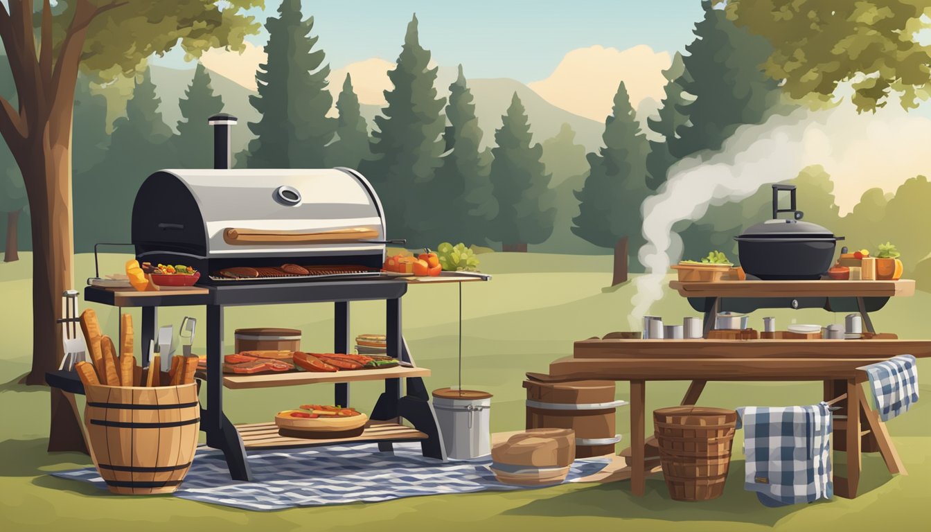 A rustic outdoor setting with a large smoker, grill, and picnic table set with checkered tablecloth and Texas-style BBQ accessories