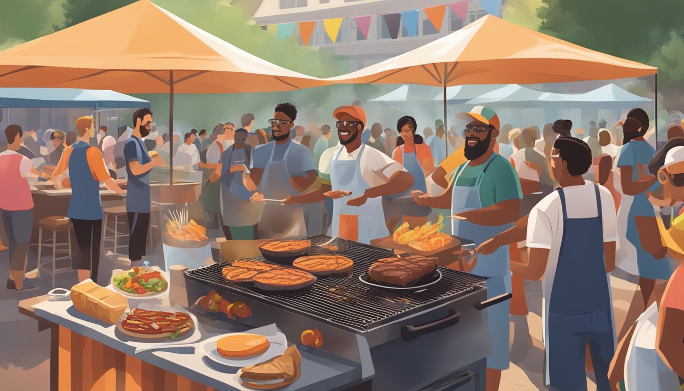 A bustling outdoor BBQ cook-off with smoke rising from sizzling grills, surrounded by a lively crowd enjoying music and food in Austin