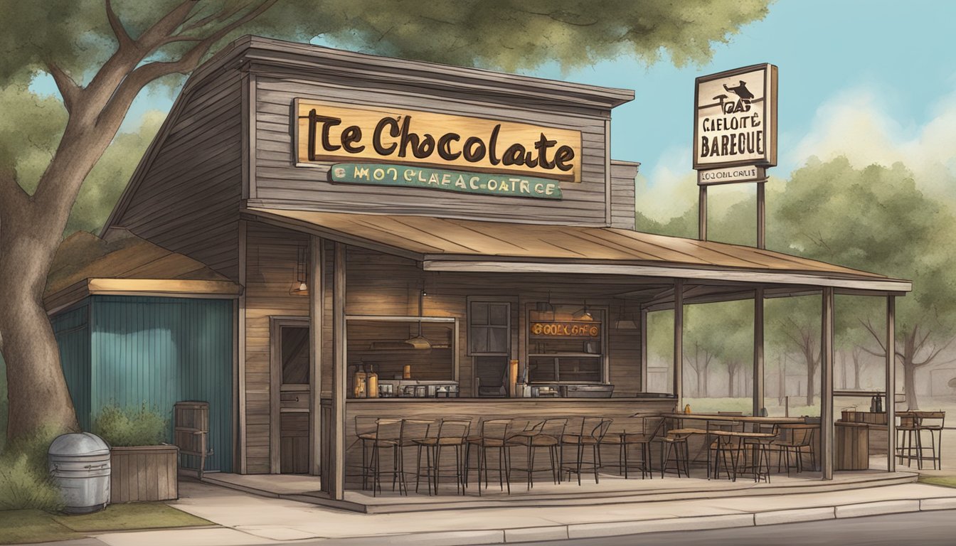 A rustic barbecue joint with a smoky pit, outdoor seating, and a sign for "Tejas Chocolate + Barbecue" in Houston