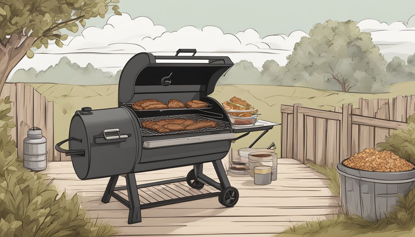 A rustic outdoor BBQ pit with a large smoker, wood chips, and a marinated pork shoulder ready to be slow-cooked