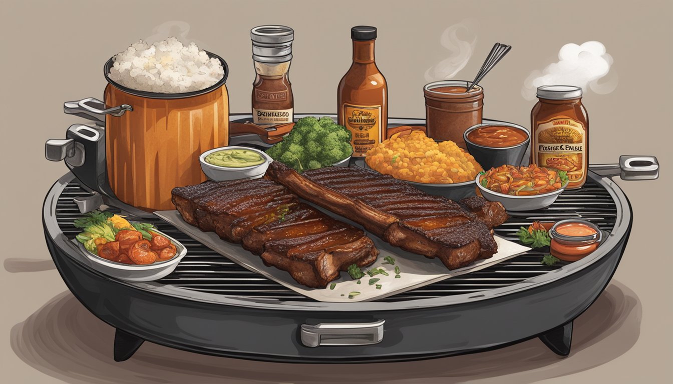 A charcoal grill with sizzling BBQ ribs, smoke rising, surrounded by Texas-style BBQ sauce and a variety of savory accompaniments