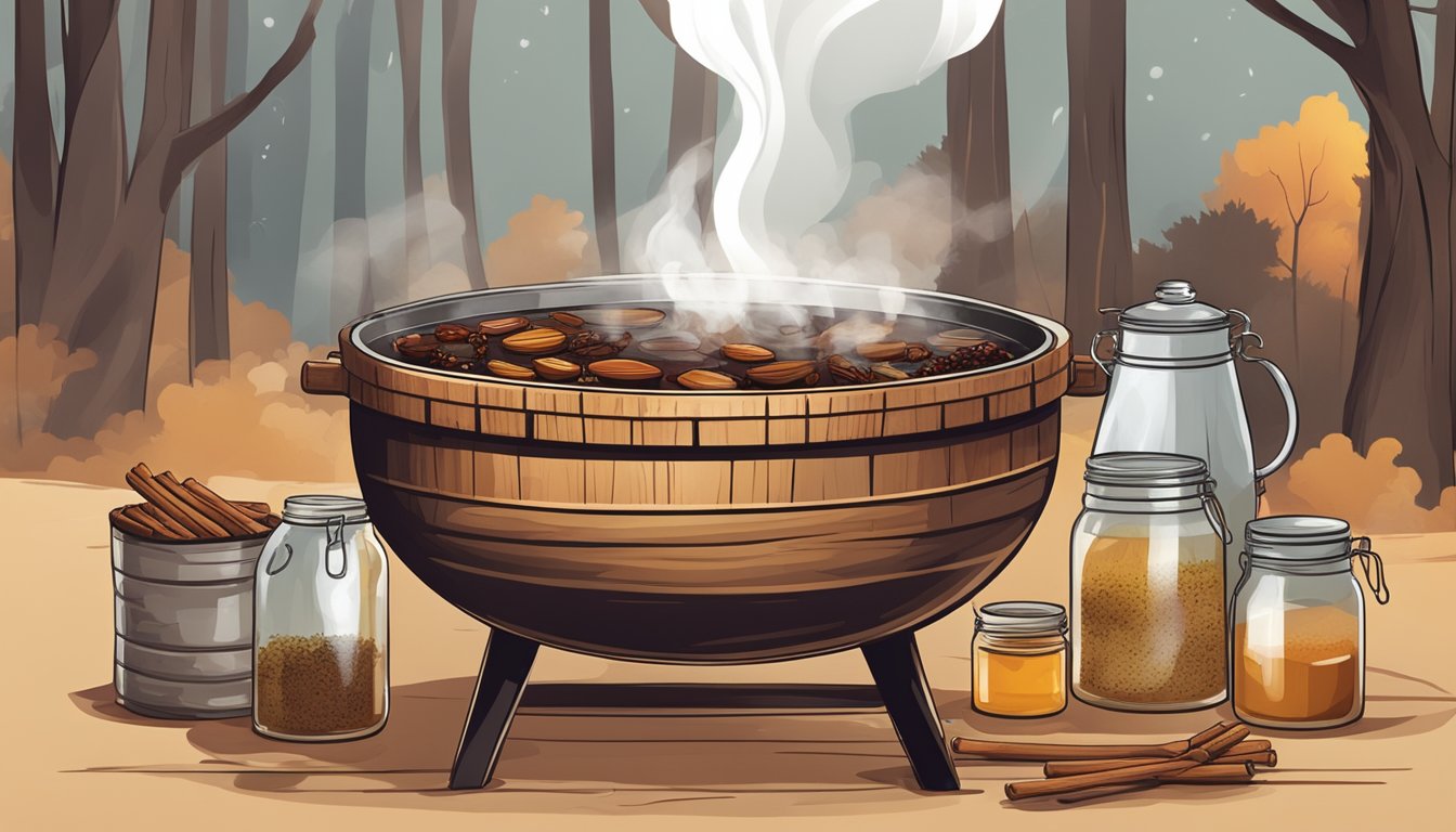 A rustic wooden table with a large pot simmering over a smoky barbecue pit, surrounded by jars of maple syrup and various spices