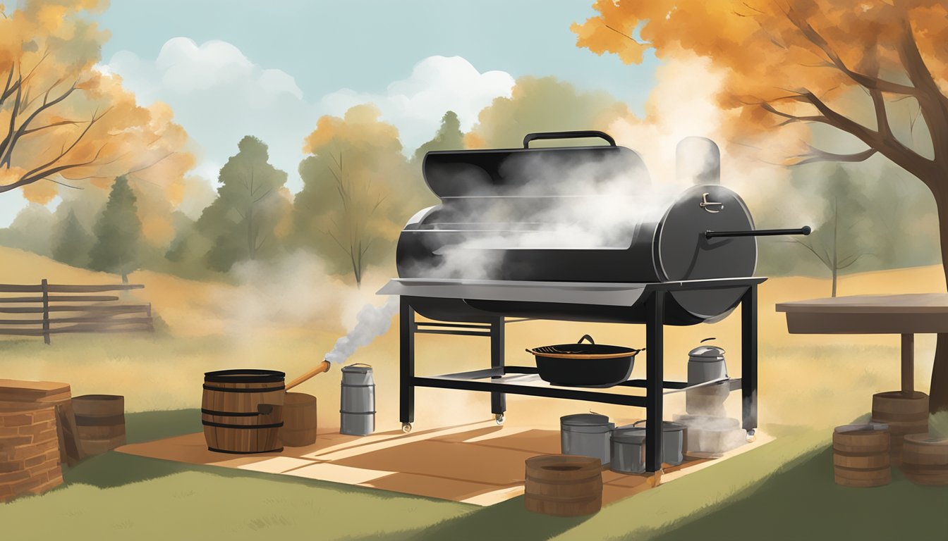 Maple syrup being smoked over a Texas BBQ grill, with wisps of smoke rising and a rich, amber color developing