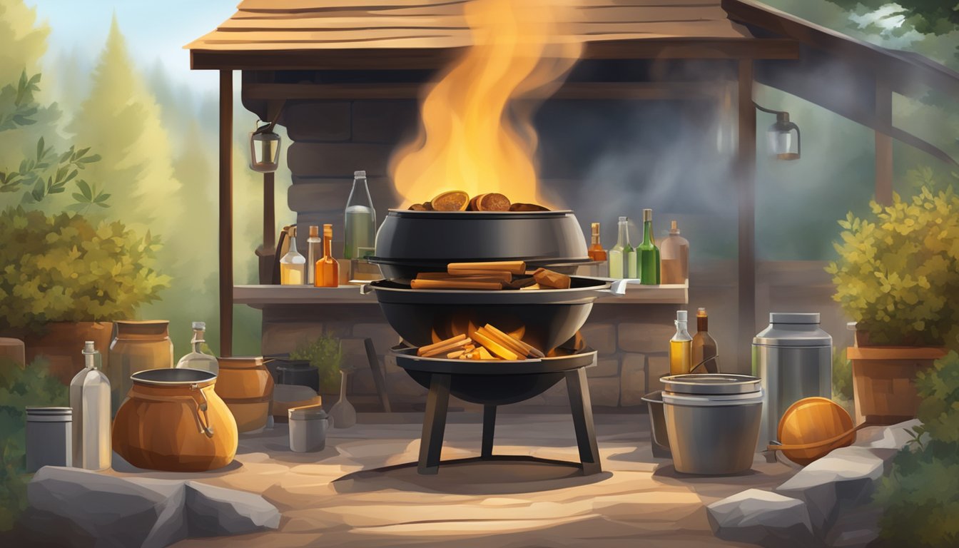 A rustic outdoor barbecue pit with a pot of maple syrup simmering over a smoky fire, surrounded by bottles of various spices and seasonings