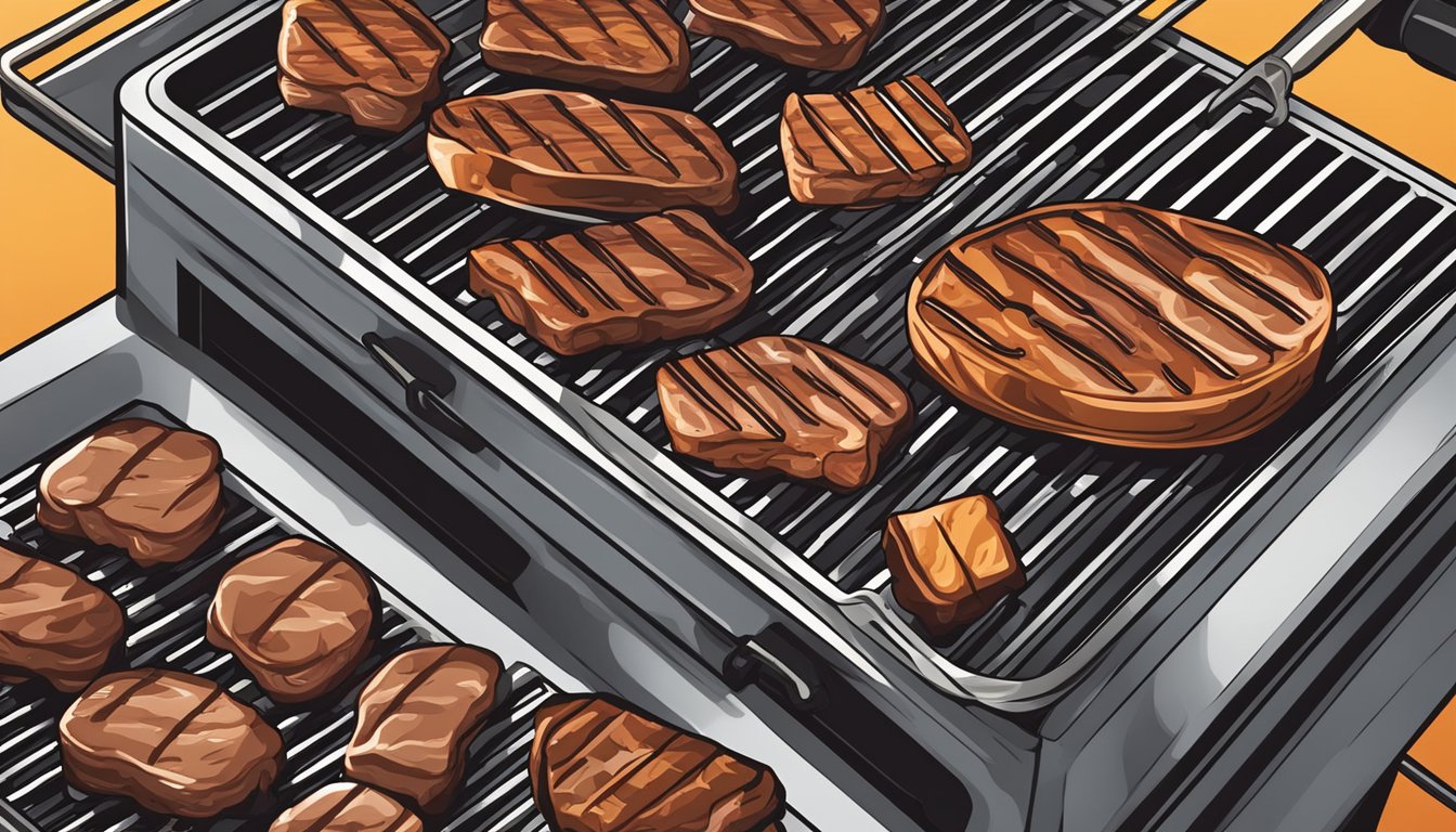 A grill press pressing down on sizzling BBQ meats on a hot grill, creating perfect sear marks