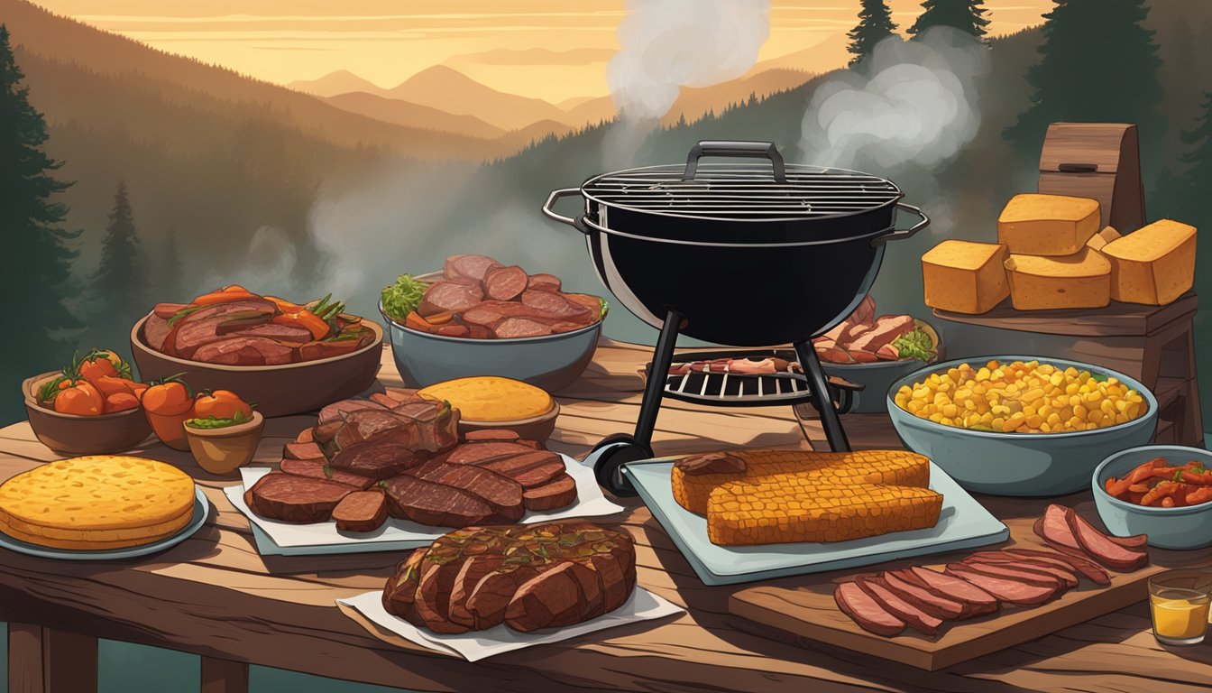 A rustic wooden table displays a spread of BBQ meats, cornbread, and grilled vegetables, all drizzled with rich, smoky maple syrup. Smoke billows from the grill in the background