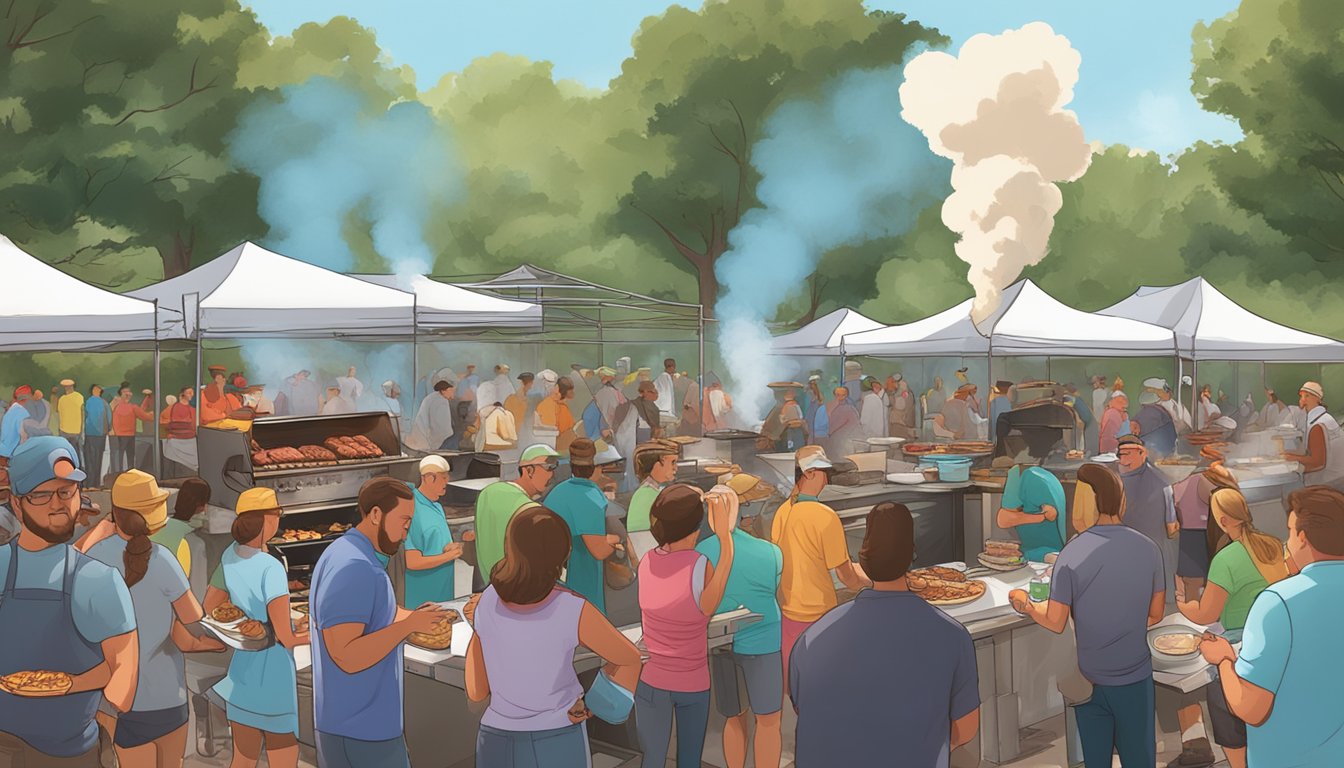 A bustling outdoor BBQ cook-off in Houston, with smoke rising from sizzling grills and a crowd of hungry patrons sampling various meats