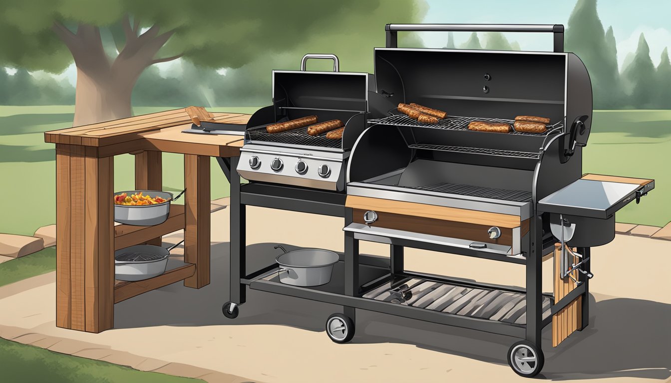 A backyard grill with two separate cooking zones, one for direct heat and the other for indirect heat, set up with charcoal and wood chips for a Texas BBQ-style cooking experience