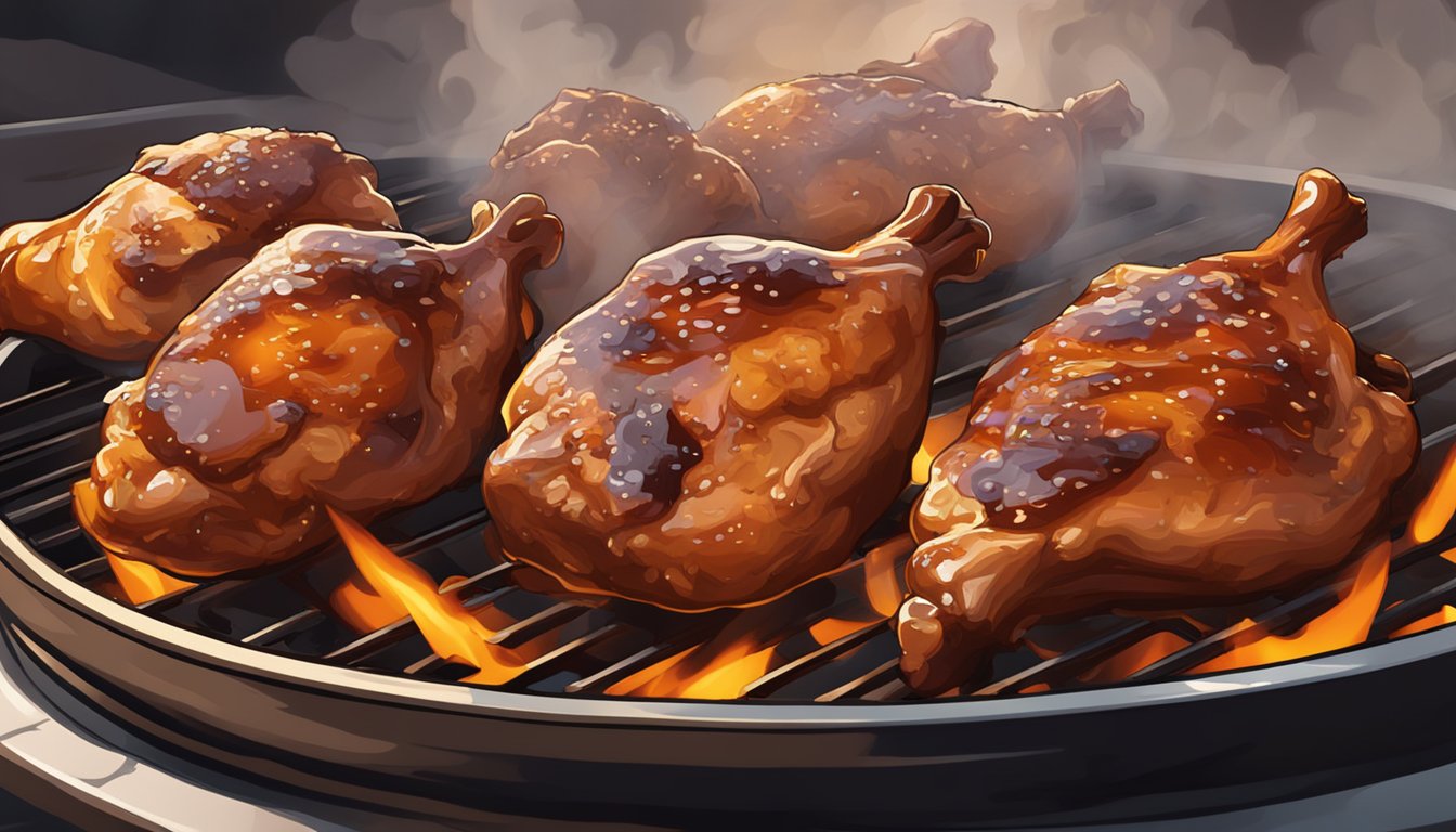 A pair of BBQ chicken thighs sizzling on a hot grill, basted with a rich and tangy Texas-style BBQ sauce. Smoke rises as the meat caramelizes to perfection