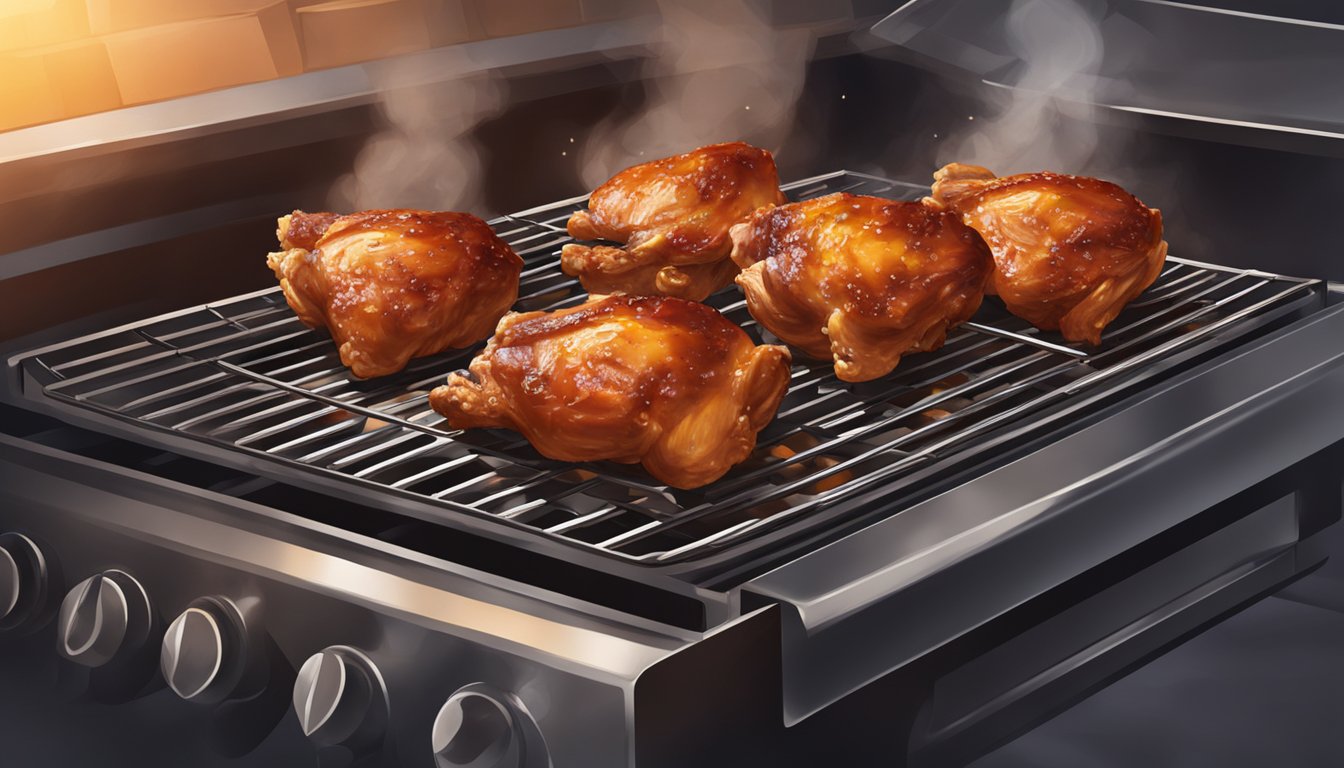 A pair of BBQ chicken thighs sizzling on a hot grill, basted with a rich, tangy Texas-style barbecue sauce. Smoke rises as the meat cooks to perfection