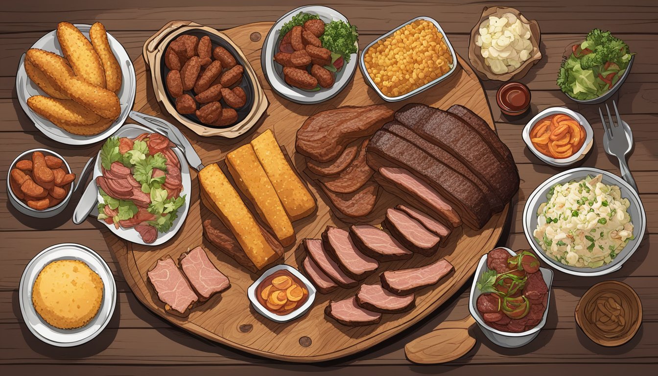 A rustic wooden table adorned with a variety of smoked meats, including brisket, ribs, and sausage, accompanied by classic sides like coleslaw, potato salad, and cornbread