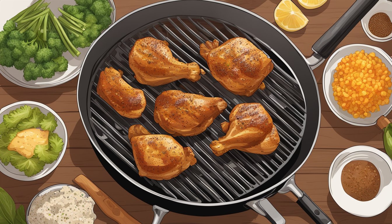 A grill sizzling with perfectly cooked BBQ chicken thighs, surrounded by various seasonings and ingredients for preparation