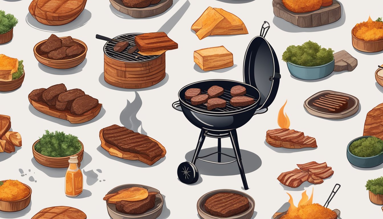 A grill with a thick-cut steak cooking over smoky coals, surrounded by Texas-style BBQ sauces and seasonings