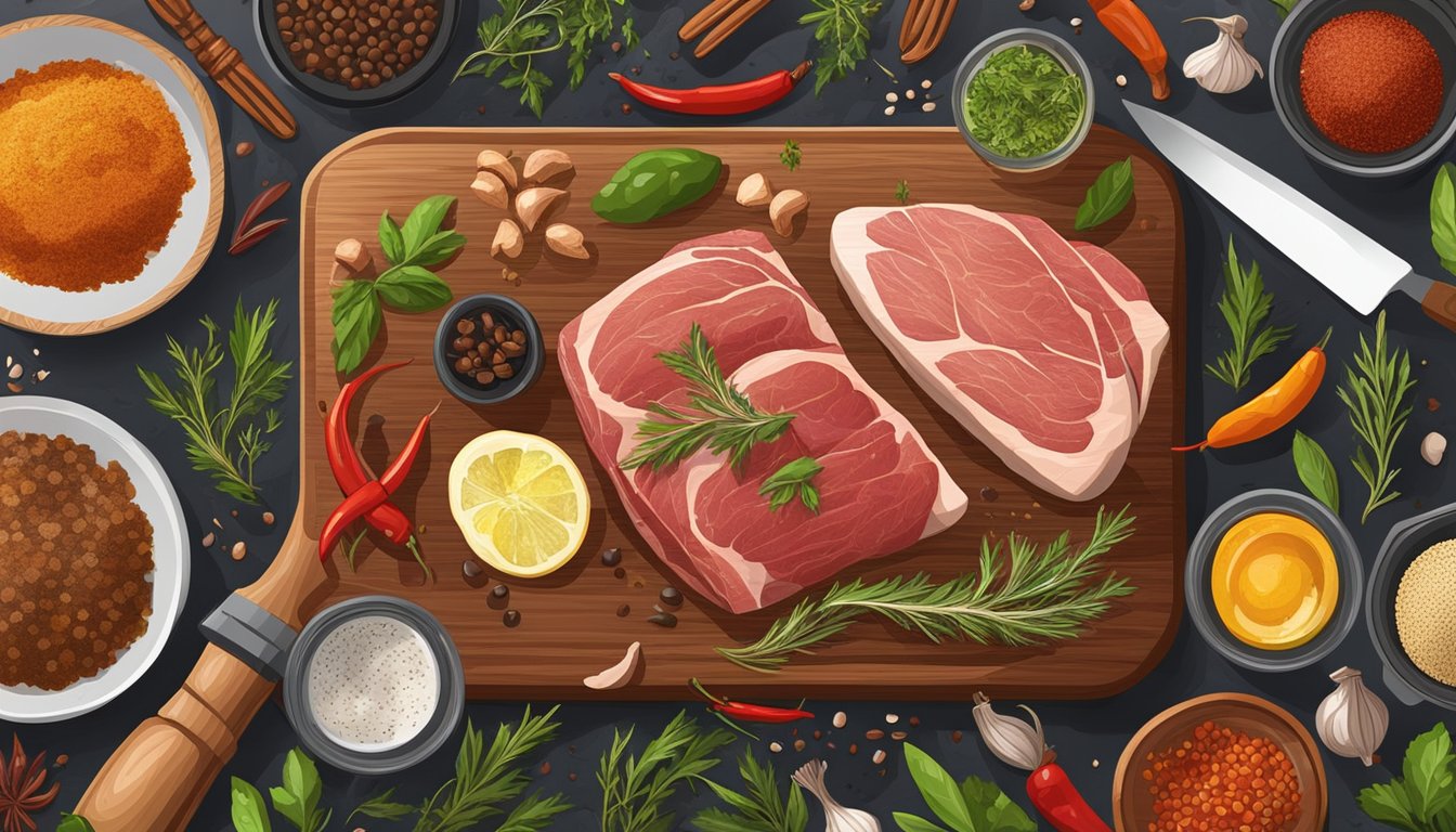 A wooden cutting board with an array of spices, herbs, and marinades, surrounded by grilling tools and raw meat