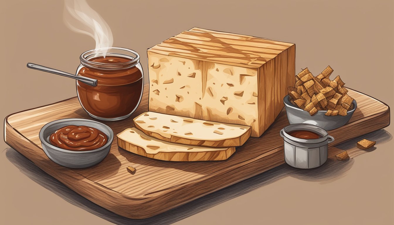 A rustic wooden cutting board holds a block of tofu being brushed with a tangy barbecue sauce, surrounded by hickory wood chips and a smoking grill