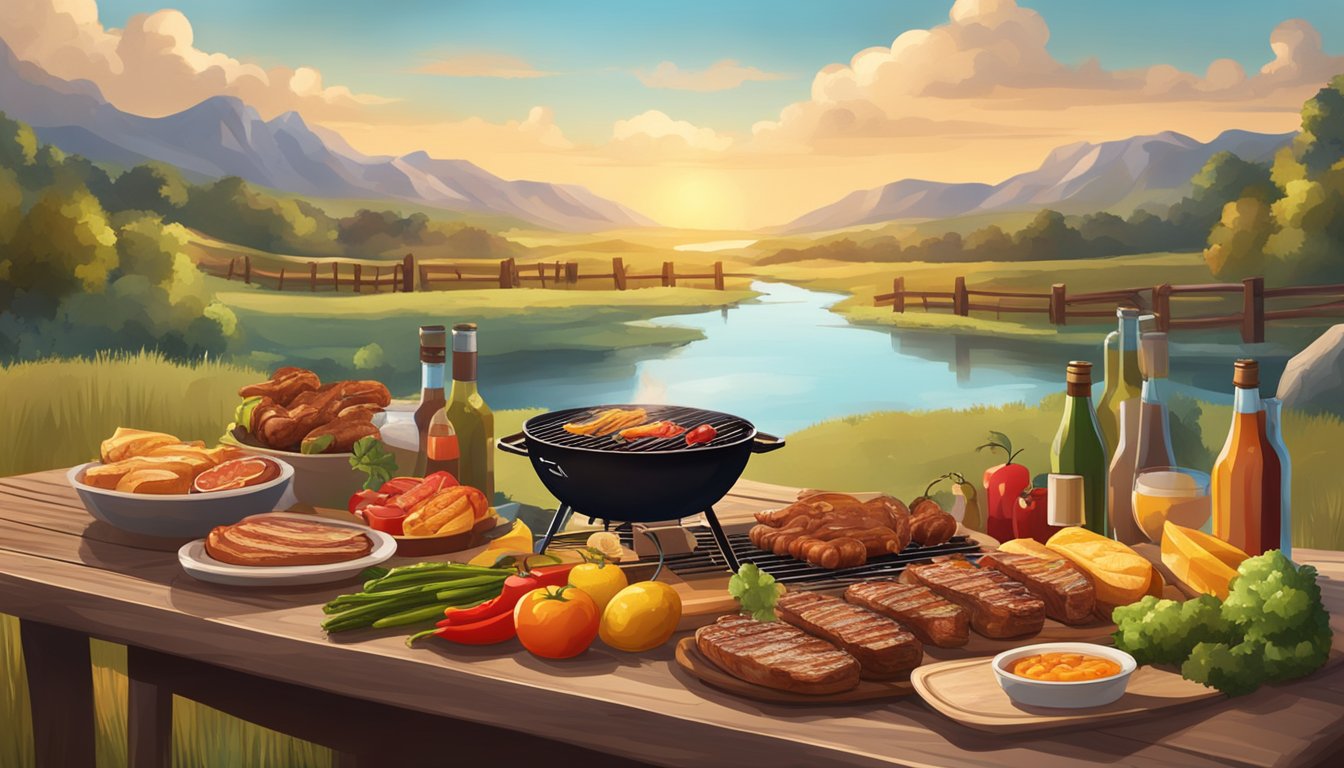 A rustic outdoor barbecue with a variety of grilled meats, vegetables, and fruits on a wooden table, surrounded by a picturesque Texas landscape