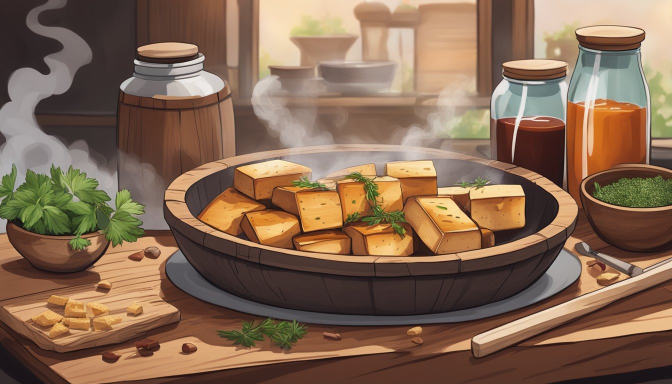 A rustic wooden table holds a bowl of smoked tofu, surrounded by jars of spices, a bottle of BBQ sauce, and a cutting board with fresh herbs. Smoke rises from a nearby grill