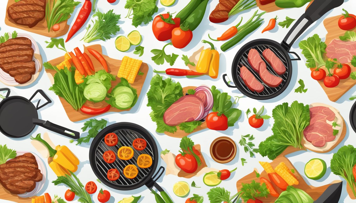 A colorful array of fresh vegetables and lean cuts of meat sizzling on a barbecue grill, with a variety of healthy seasoning and marinades nearby