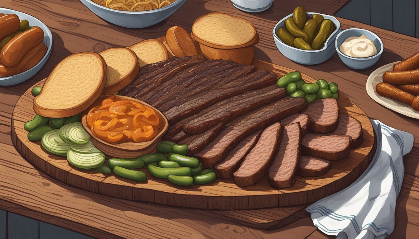 A wooden platter piled high with juicy brisket, tender ribs, and smoky sausage, surrounded by pickles, onions, and slices of white bread