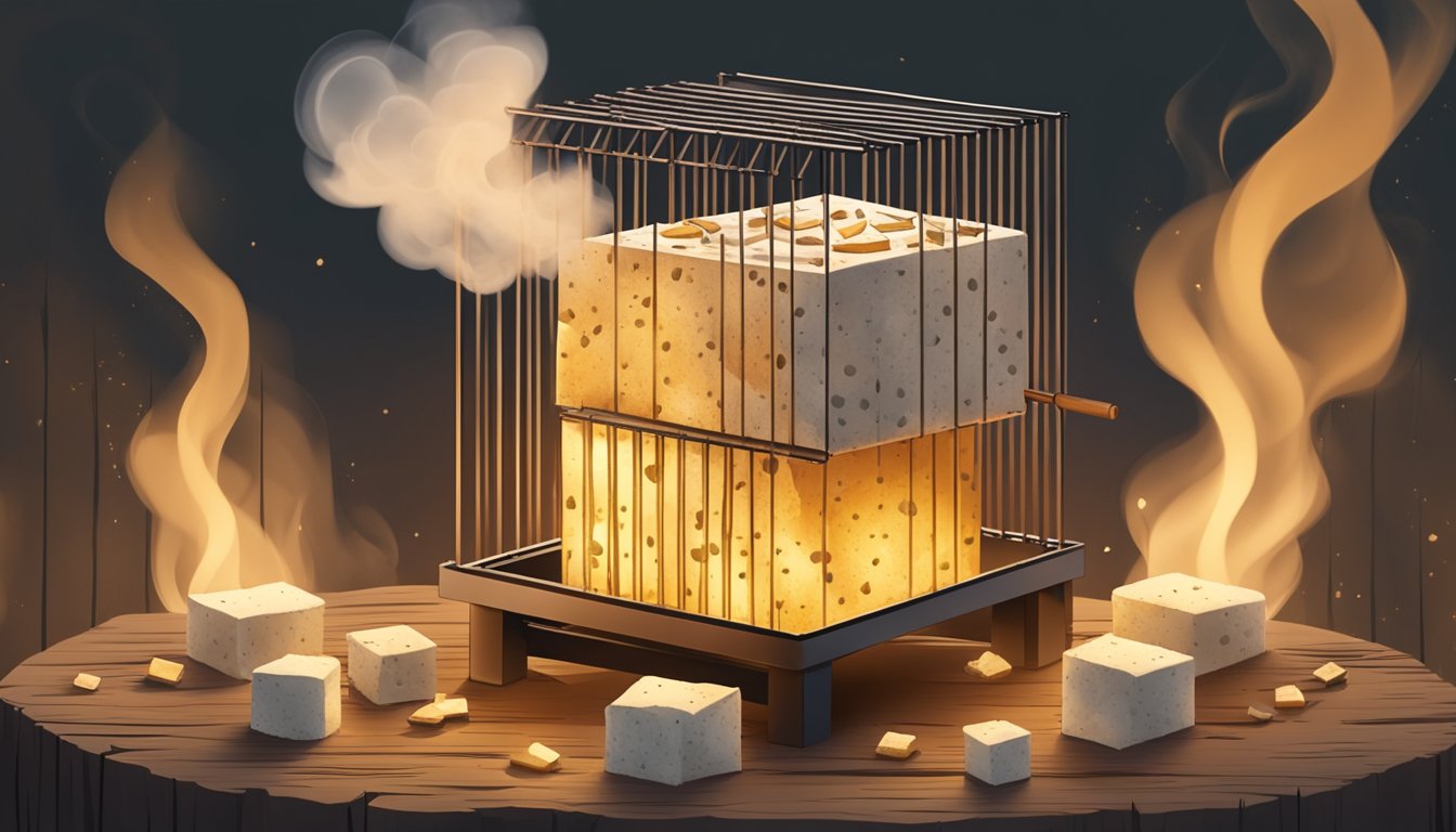 A tofu block on a smoker rack over glowing coals, surrounded by hickory wood chips and a cloud of fragrant smoke