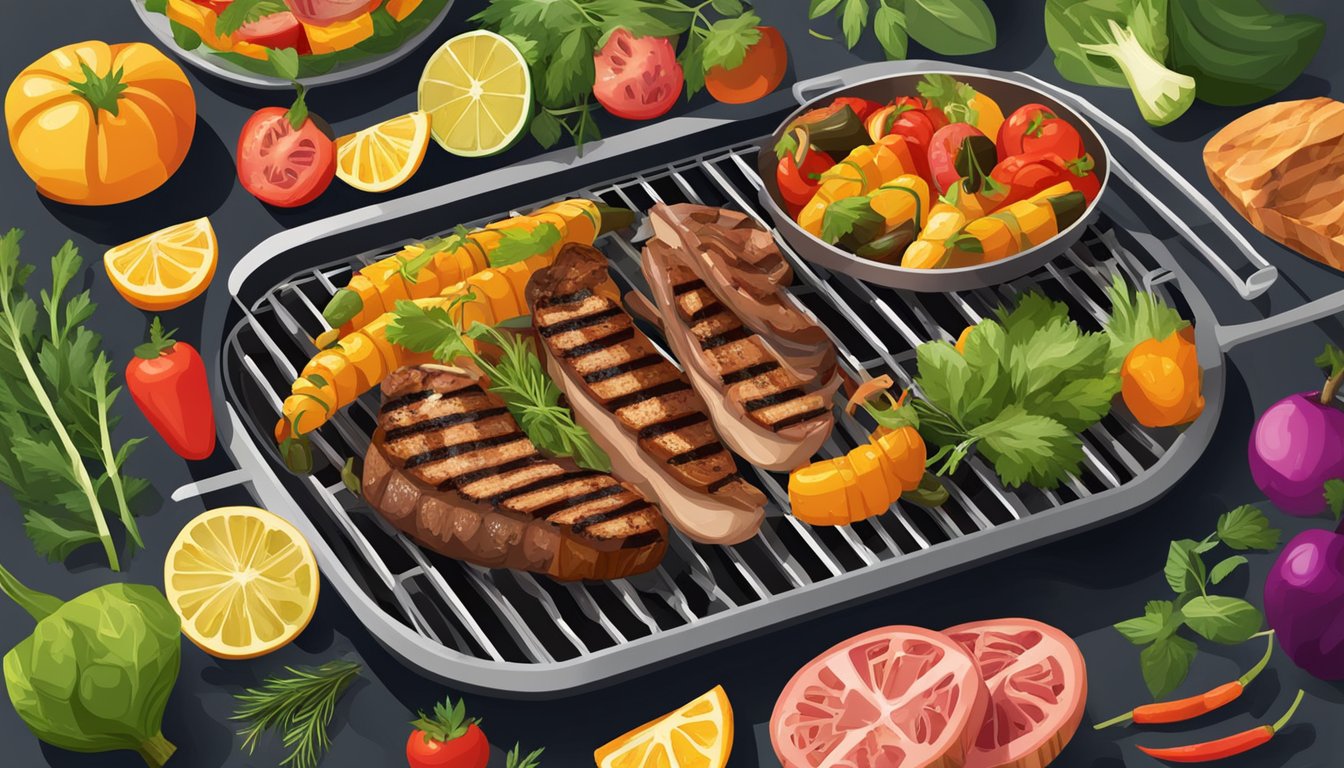 A colorful spread of grilled vegetables and lean meats sizzling on a barbecue grill, surrounded by fresh herbs and vibrant fruits