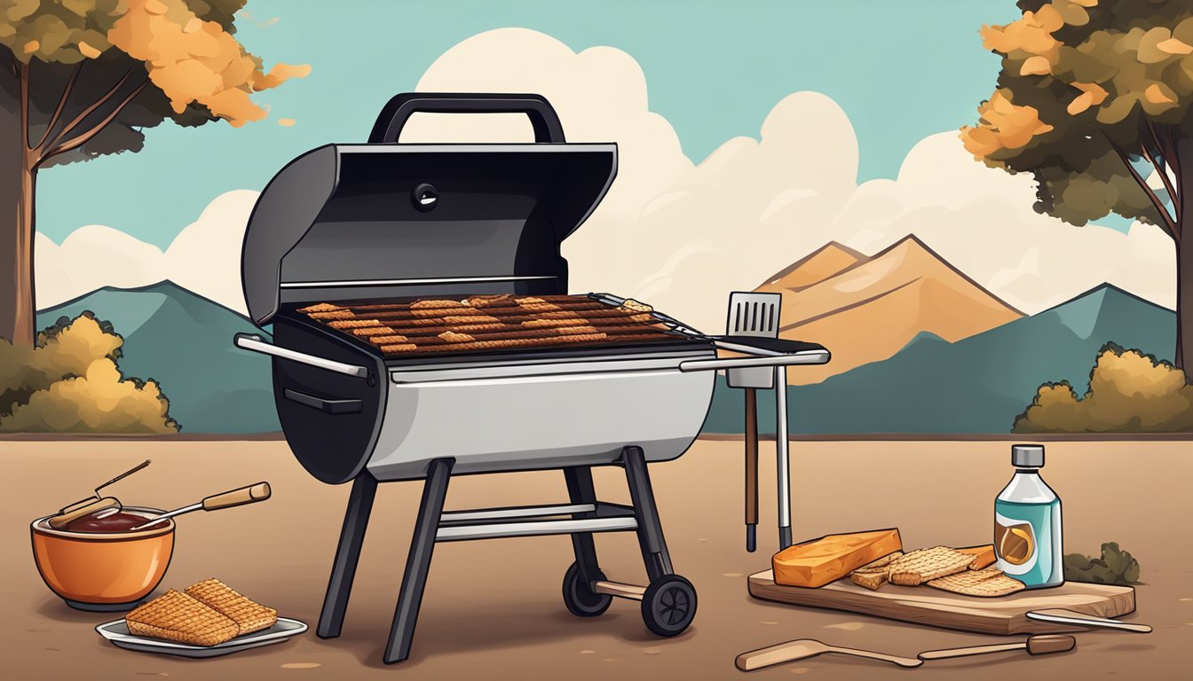 A grill with smoking wood chips, tofu slices, and a BBQ sauce brush