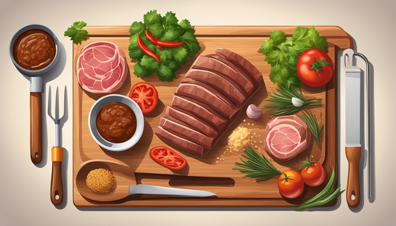 A wooden cutting board with a variety of BBQ tools, including tongs, a basting brush, and a meat thermometer, surrounded by raw meat, spices, and sauces