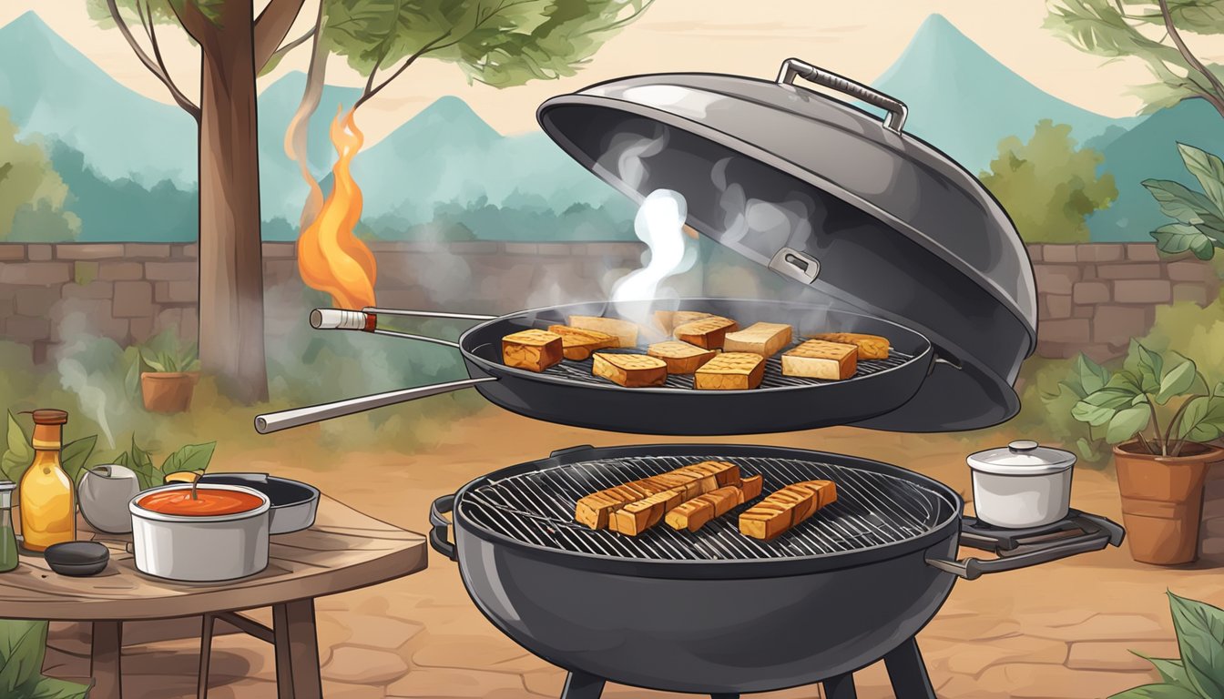 A grill smoking with tofu and a pot simmering with ingredients for BBQ sauce