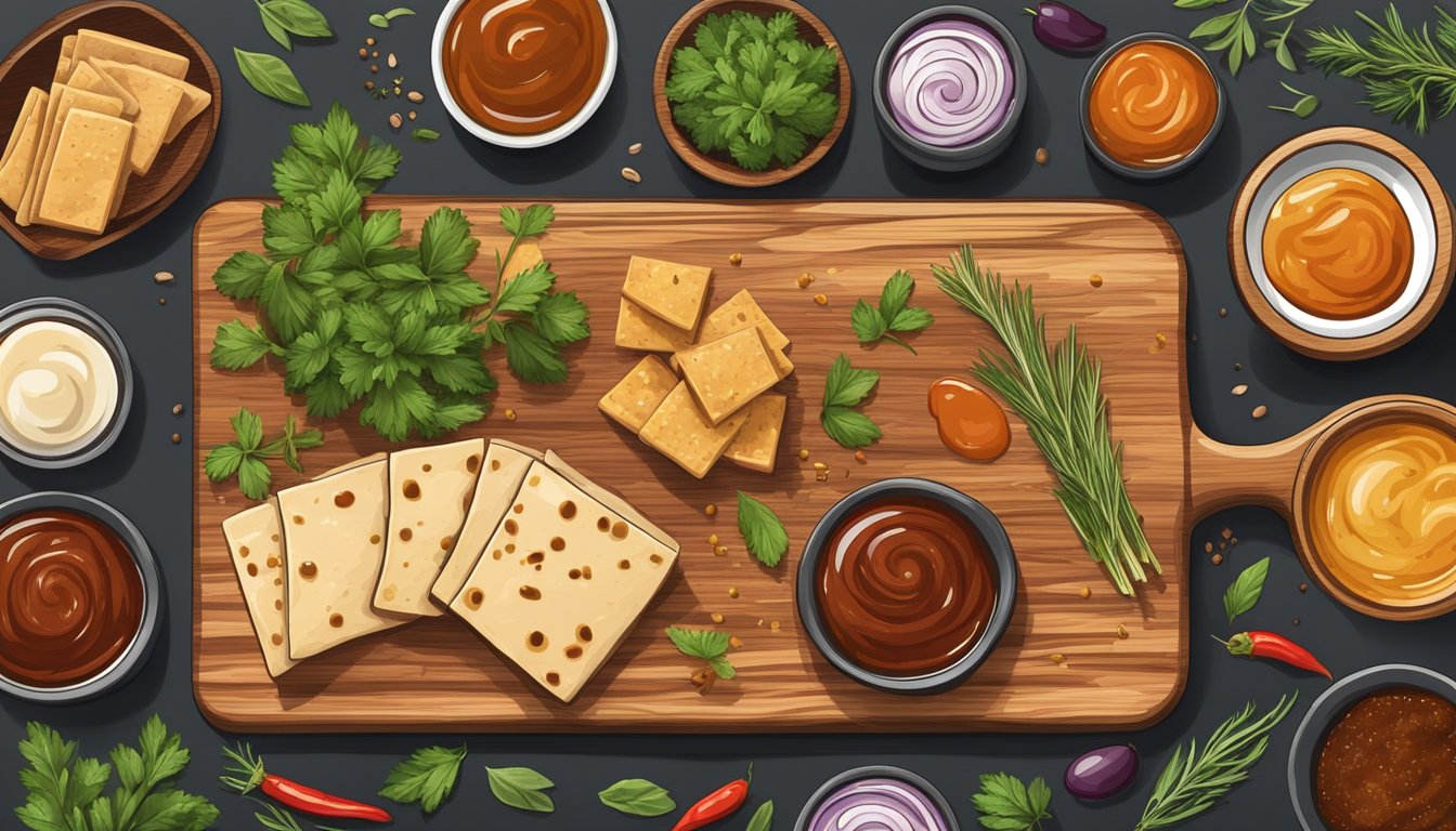 A rustic wooden cutting board with slices of smoked tofu, surrounded by a variety of barbecue sauces, spices, and fresh herbs