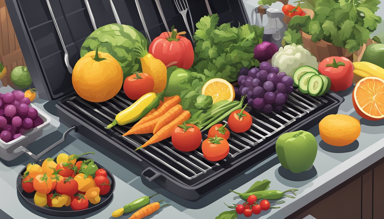 A colorful array of fresh fruits and vegetables sit next to a sleek grill, with a variety of healthy cooking utensils and tools scattered around