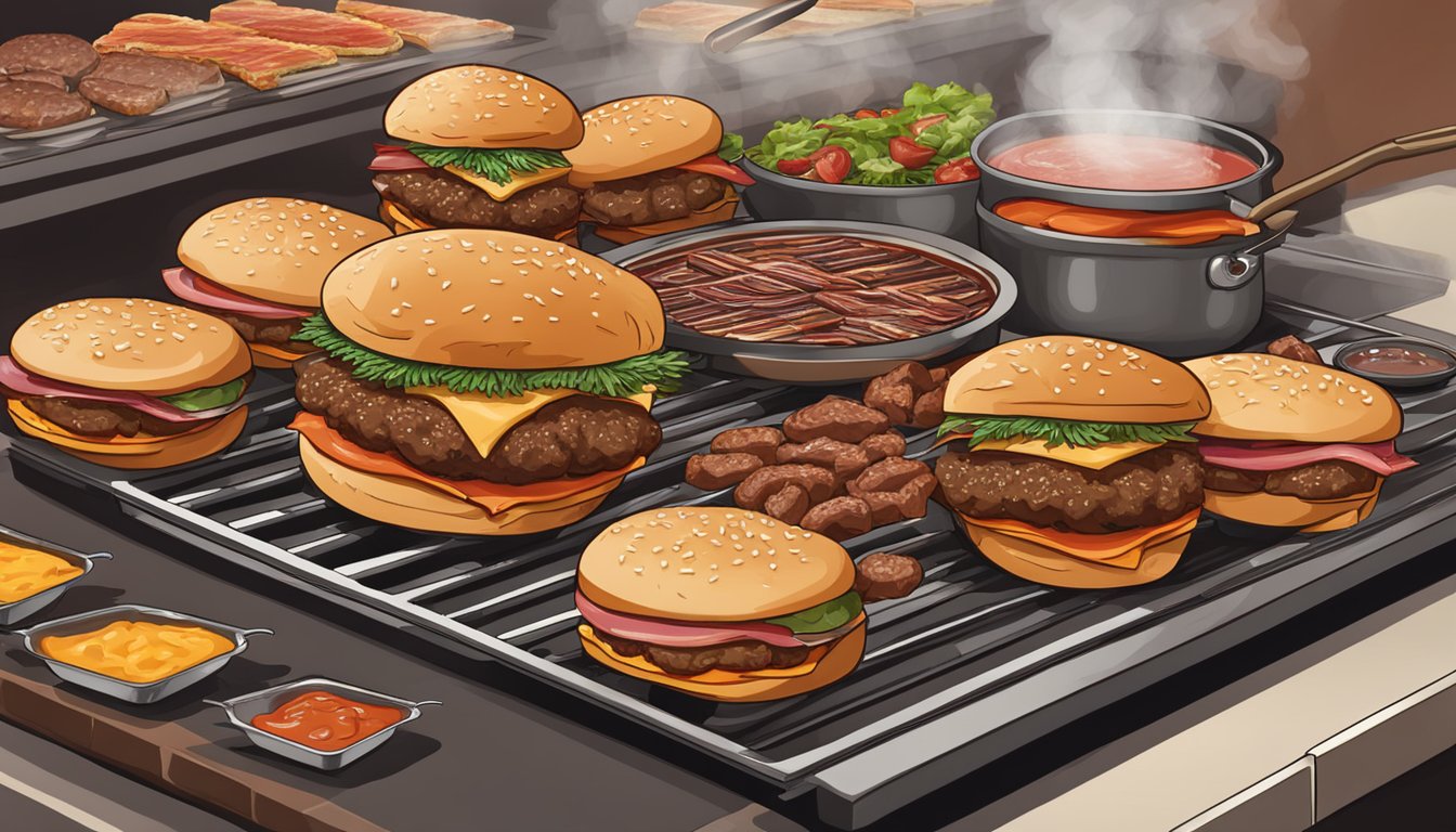 A sizzling grill with a row of stuffed burgers, surrounded by ingredients like cheese, bacon, and barbecue sauce